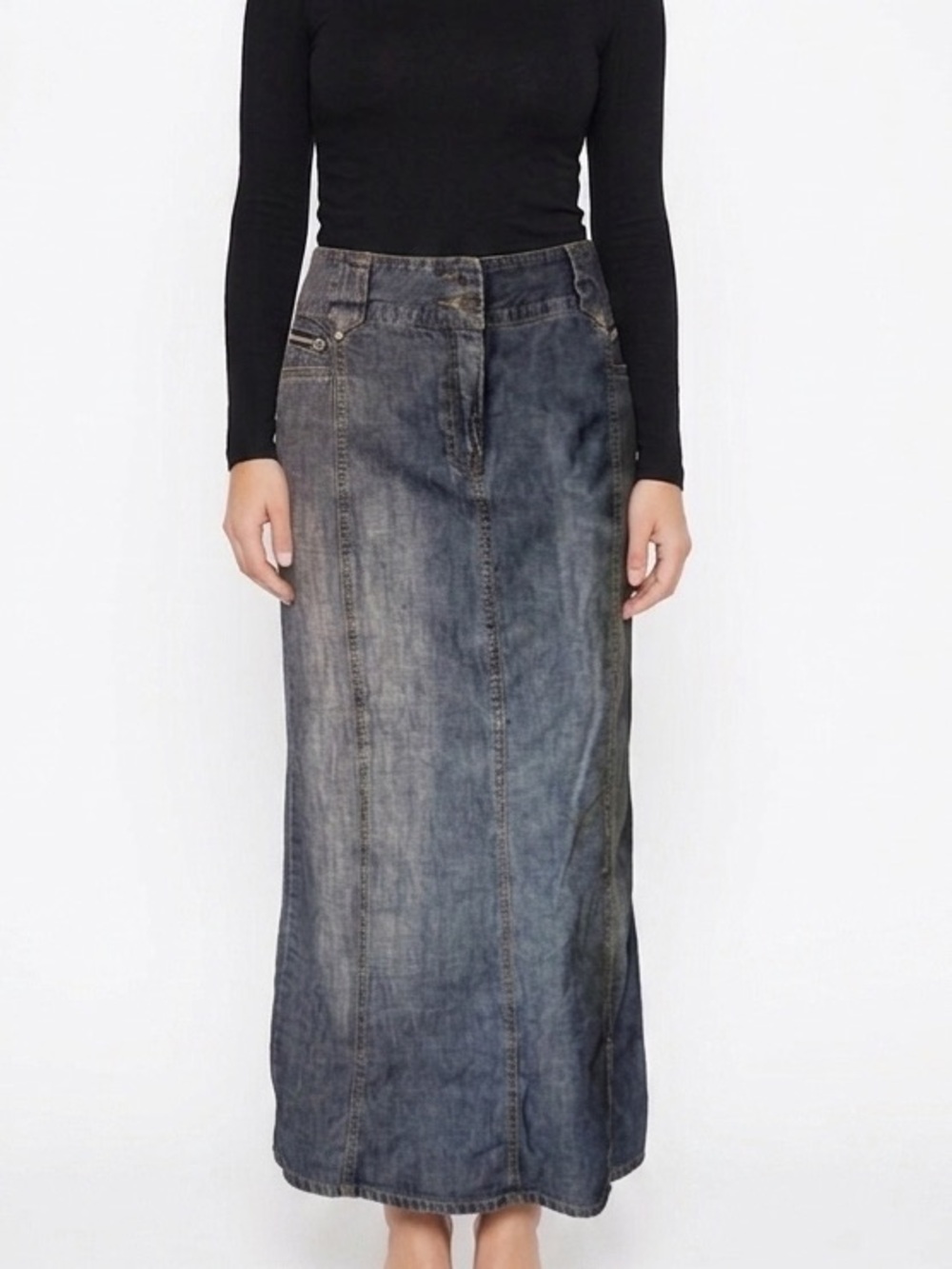 CONTRAST JEANS Long Maxi Denim Jean Skirt Summer Y2K Feminine Pockets Size 11